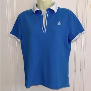 Vtg Ralph Lauren Blue Cotton Short Sleeve Polo Shirt with White Collar & Trim